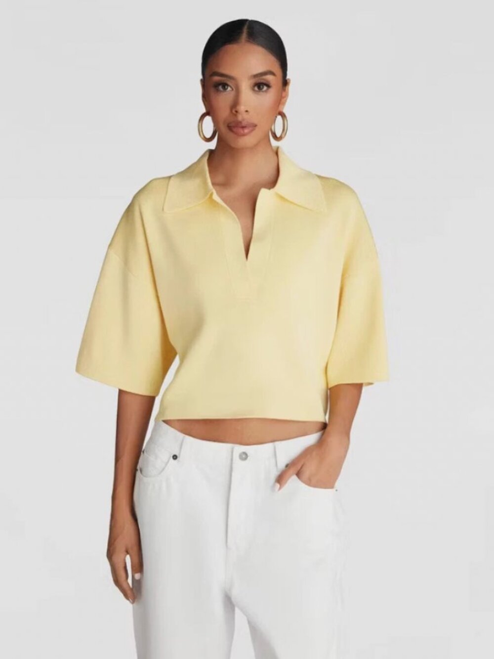 KBB by KAHLANA Women's Short Sleeve Boxy-The Cropped Polo Sweater